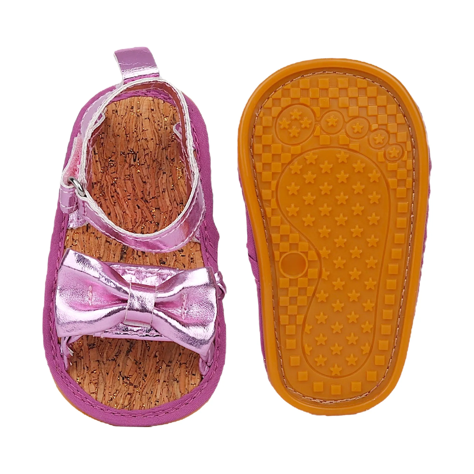 Baby Moo Partywear Patent Leather Bow Velcro Strap Anti-Skid Sandals - Purple, Metallic