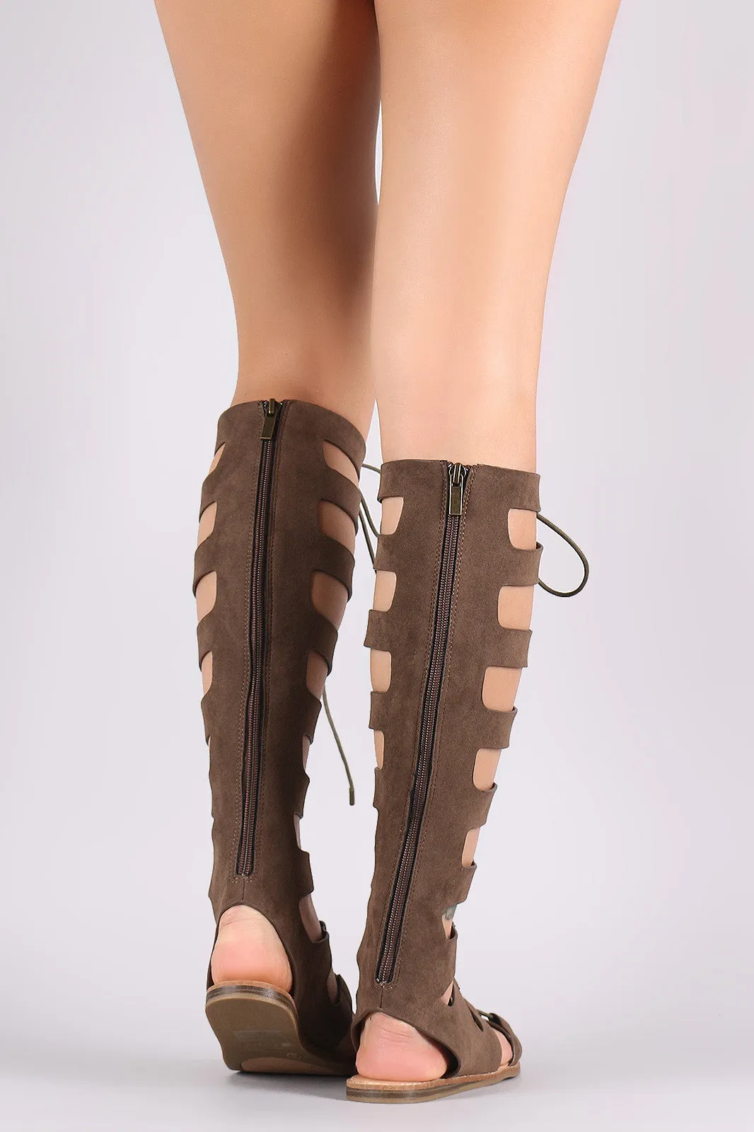 Bamboo Knee High Lace Up Gladiator Flat Sandal