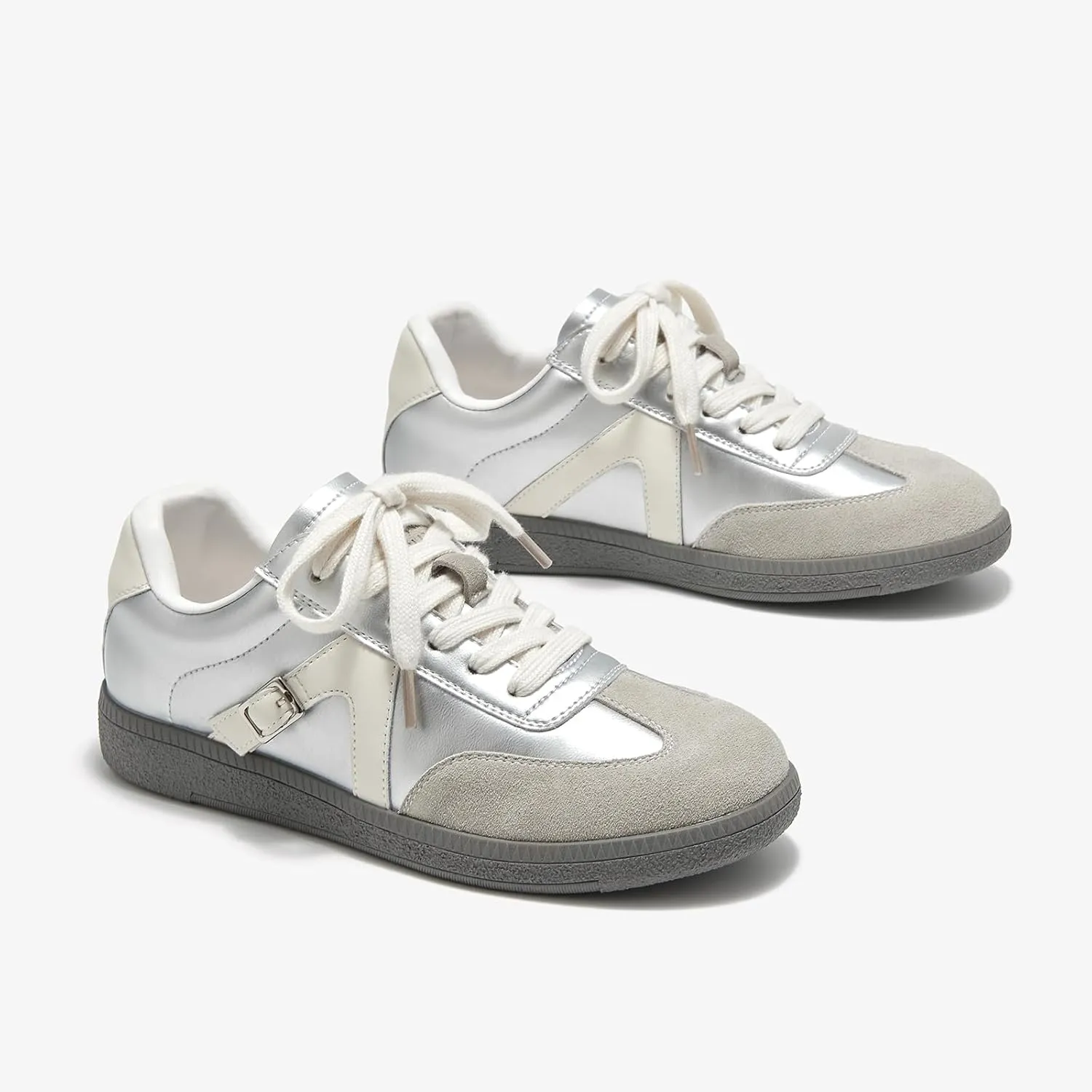 BEAU TODAY Womens Flat Sneakers, Retro Comfortable Lace-up Fashion Sneakers for Women, Buckle Decoration Casual Leather Walking Shoes