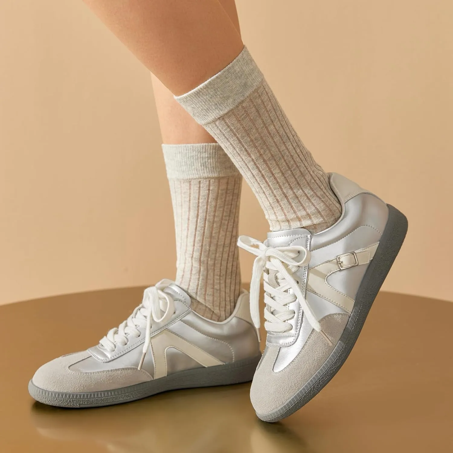 BEAU TODAY Womens Flat Sneakers, Retro Comfortable Lace-up Fashion Sneakers for Women, Buckle Decoration Casual Leather Walking Shoes