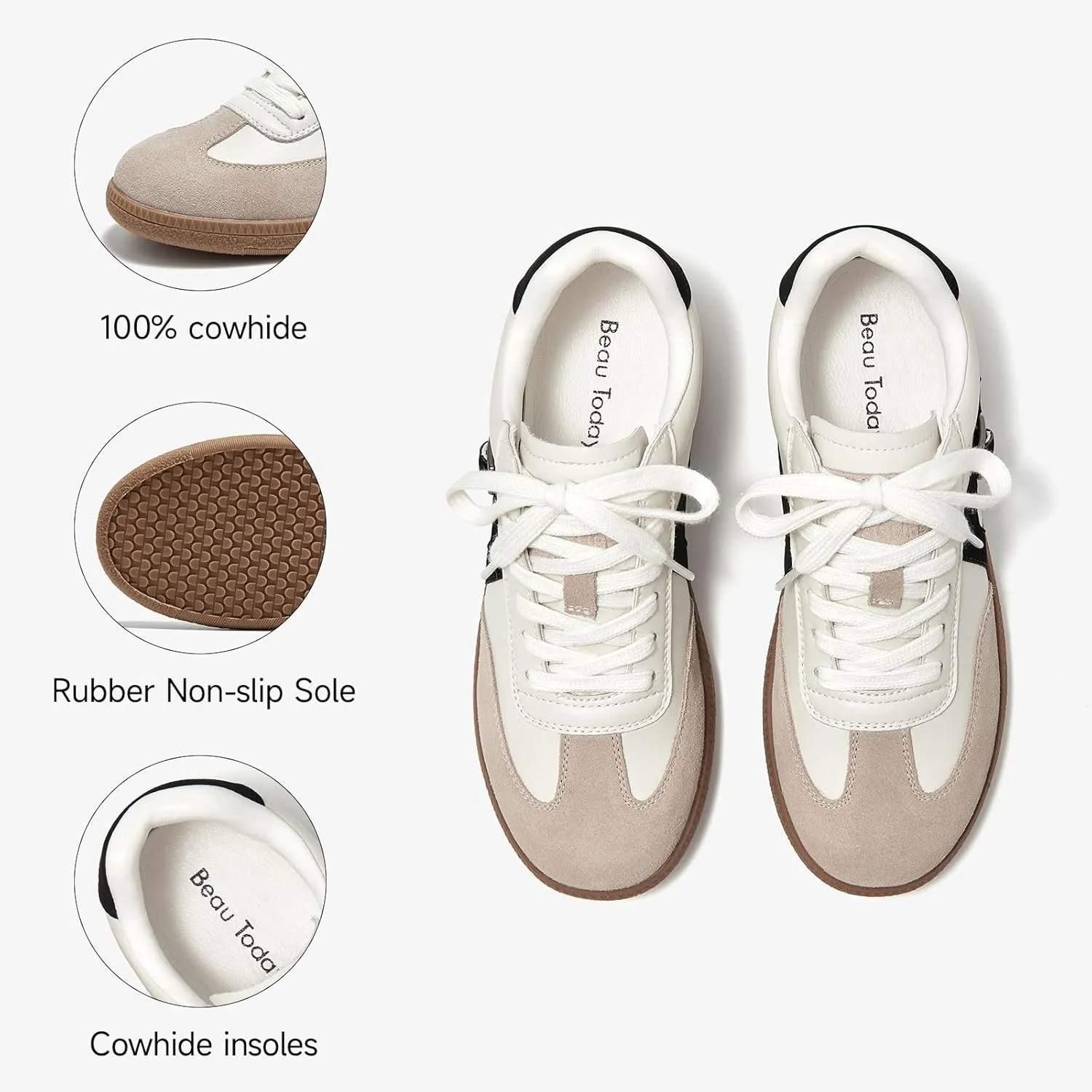 BEAU TODAY Womens Flat Sneakers, Retro Comfortable Lace-up Fashion Sneakers for Women, Buckle Decoration Casual Leather Walking Shoes
