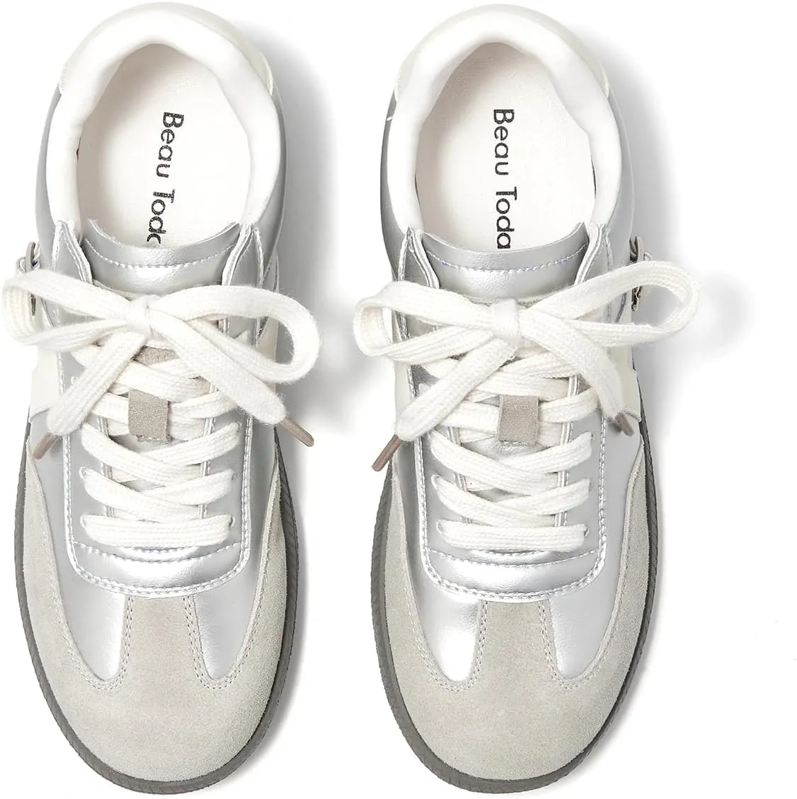 BEAU TODAY Womens Flat Sneakers, Retro Comfortable Lace-up Fashion Sneakers for Women, Buckle Decoration Casual Leather Walking Shoes