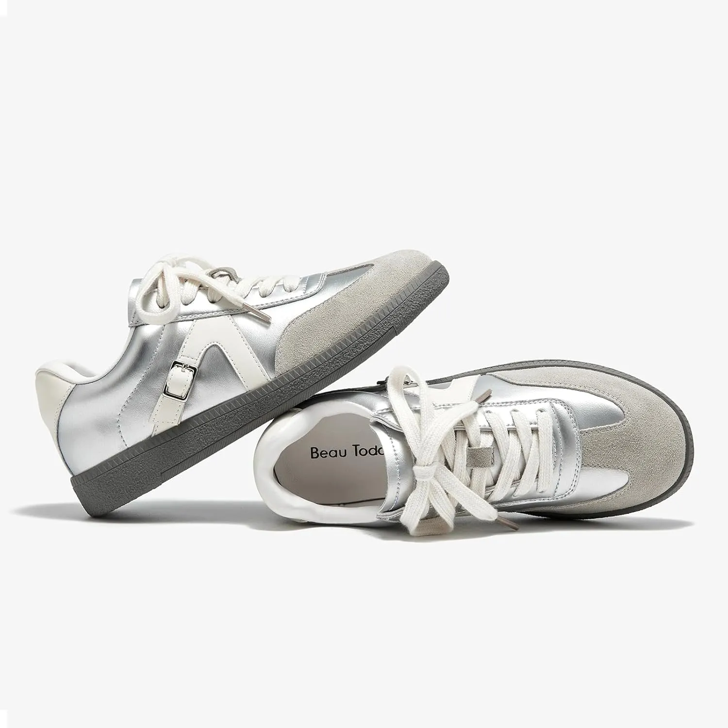 BEAU TODAY Womens Flat Sneakers, Retro Comfortable Lace-up Fashion Sneakers for Women, Buckle Decoration Casual Leather Walking Shoes