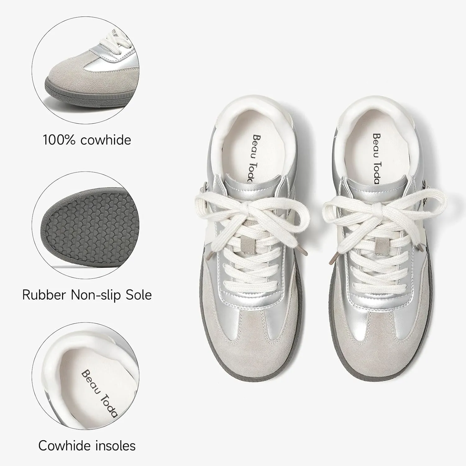 BEAU TODAY Womens Flat Sneakers, Retro Comfortable Lace-up Fashion Sneakers for Women, Buckle Decoration Casual Leather Walking Shoes