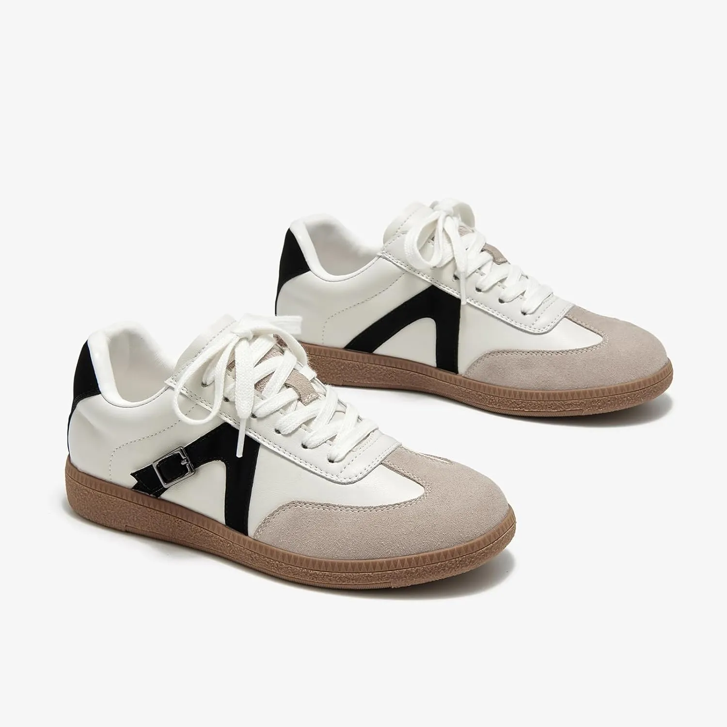 BEAU TODAY Womens Flat Sneakers, Retro Comfortable Lace-up Fashion Sneakers for Women, Buckle Decoration Casual Leather Walking Shoes