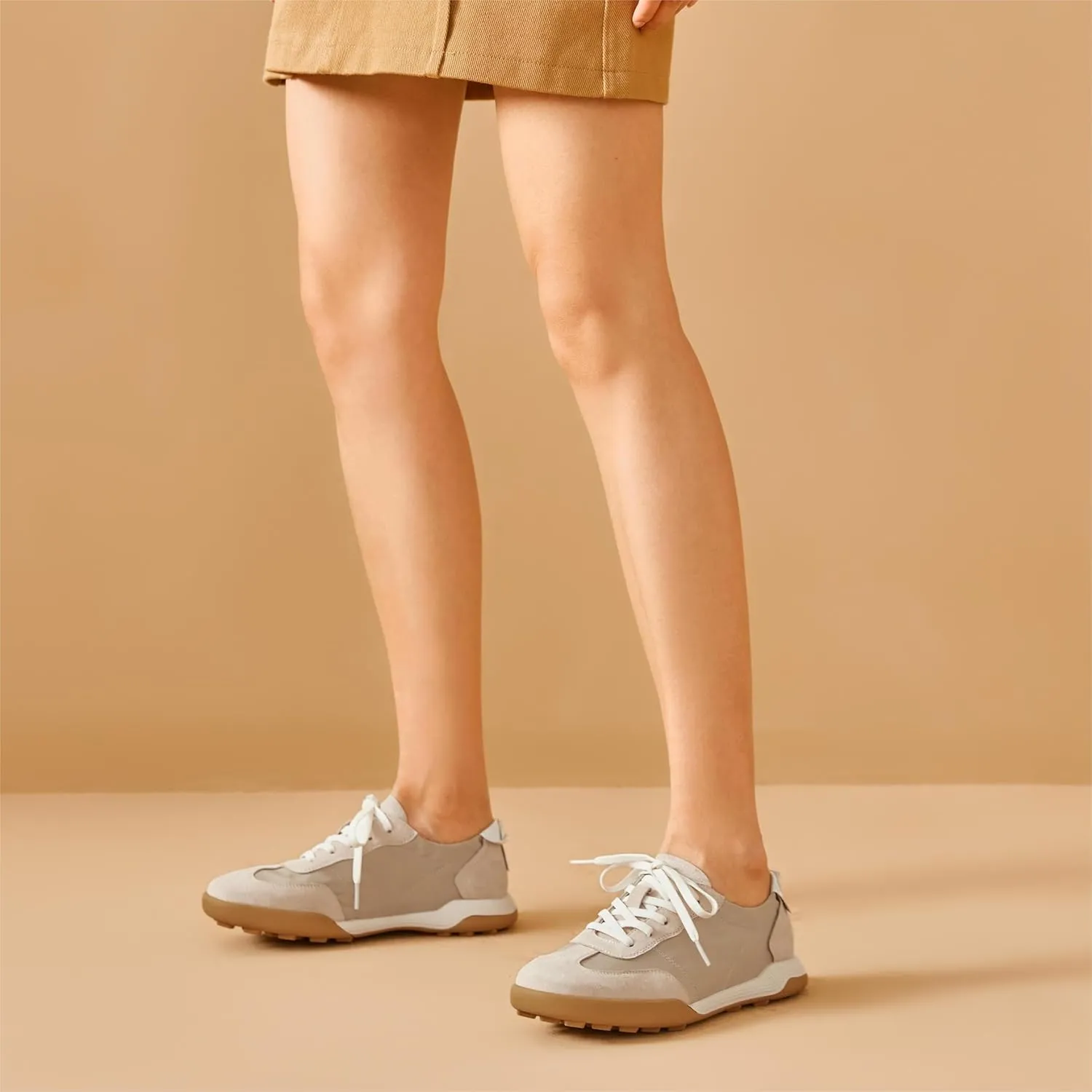 BEAU TODAY Womens Flat Sneakers, Retro Comfortable Lace-up Fashion Sneakers for Women, Buckle Decoration Casual Leather Walking Shoes