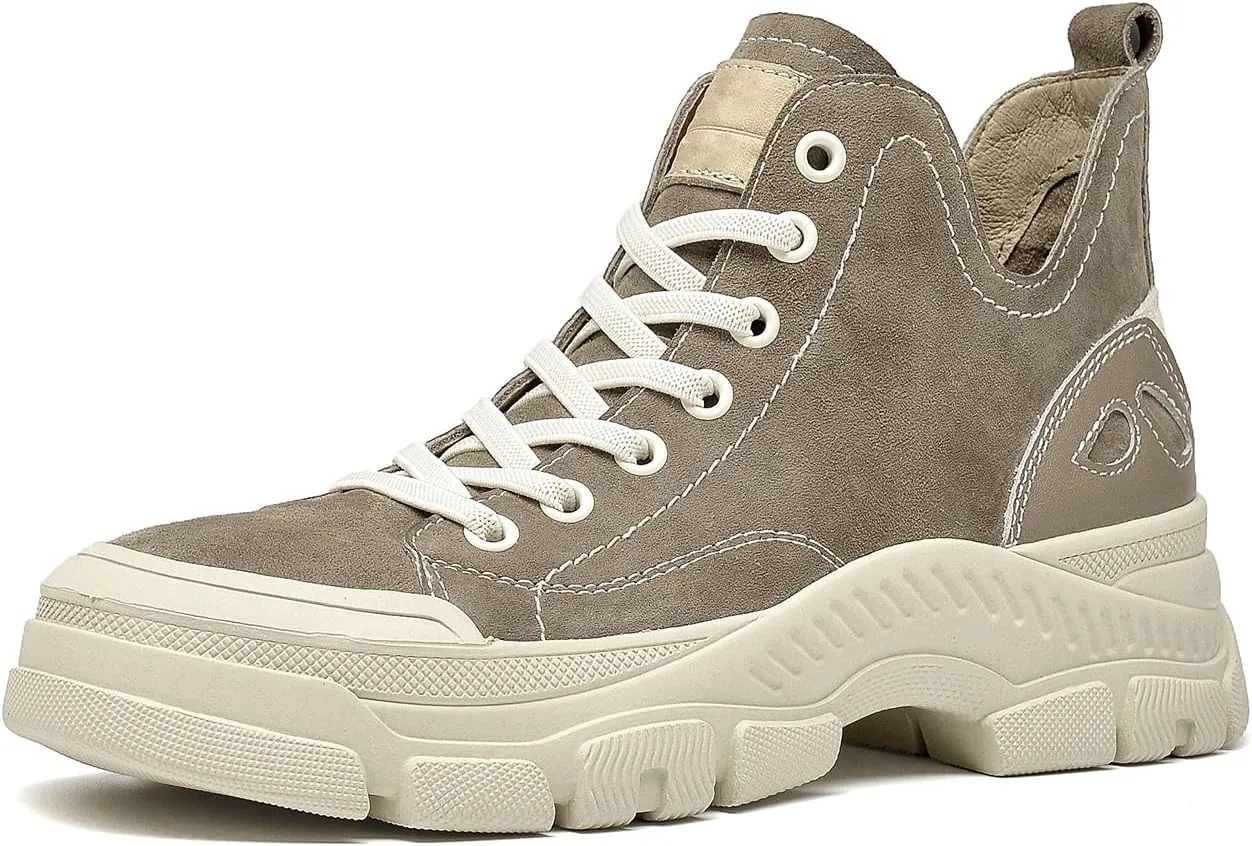 BEAU TODAY Womens Flat Sneakers, Retro Comfortable Lace-up Fashion Sneakers for Women, Buckle Decoration Casual Leather Walking Shoes