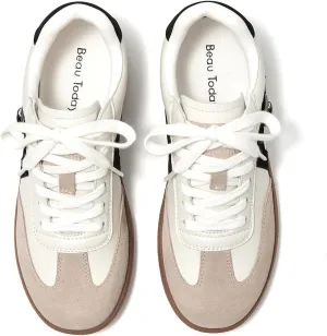BEAU TODAY Womens Flat Sneakers, Retro Comfortable Lace-up Fashion Sneakers for Women, Buckle Decoration Casual Leather Walking Shoes