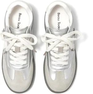 BEAU TODAY Womens Flat Sneakers, Retro Comfortable Lace-up Fashion Sneakers for Women, Buckle Decoration Casual Leather Walking Shoes