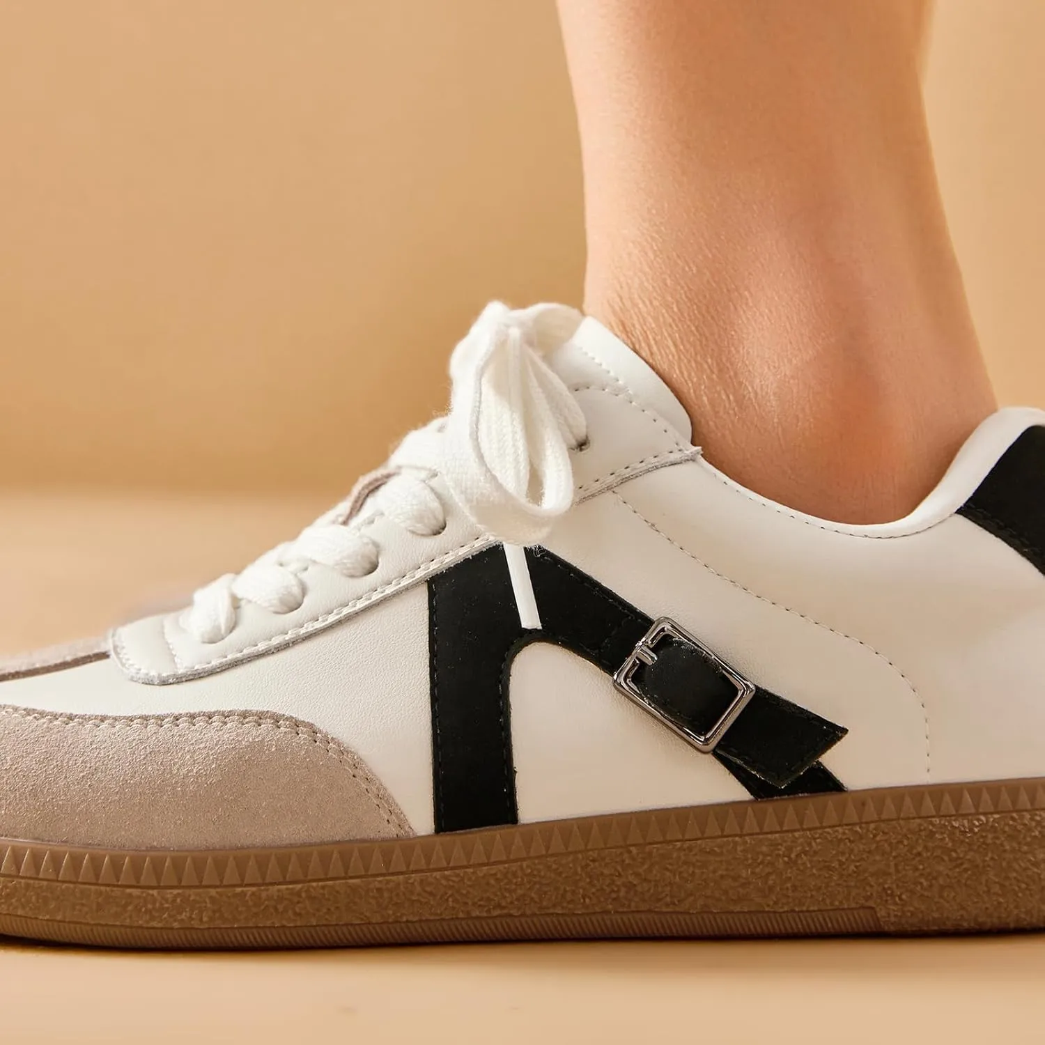 BEAU TODAY Womens Flat Sneakers, Retro Comfortable Lace-up Fashion Sneakers for Women, Buckle Decoration Casual Leather Walking Shoes