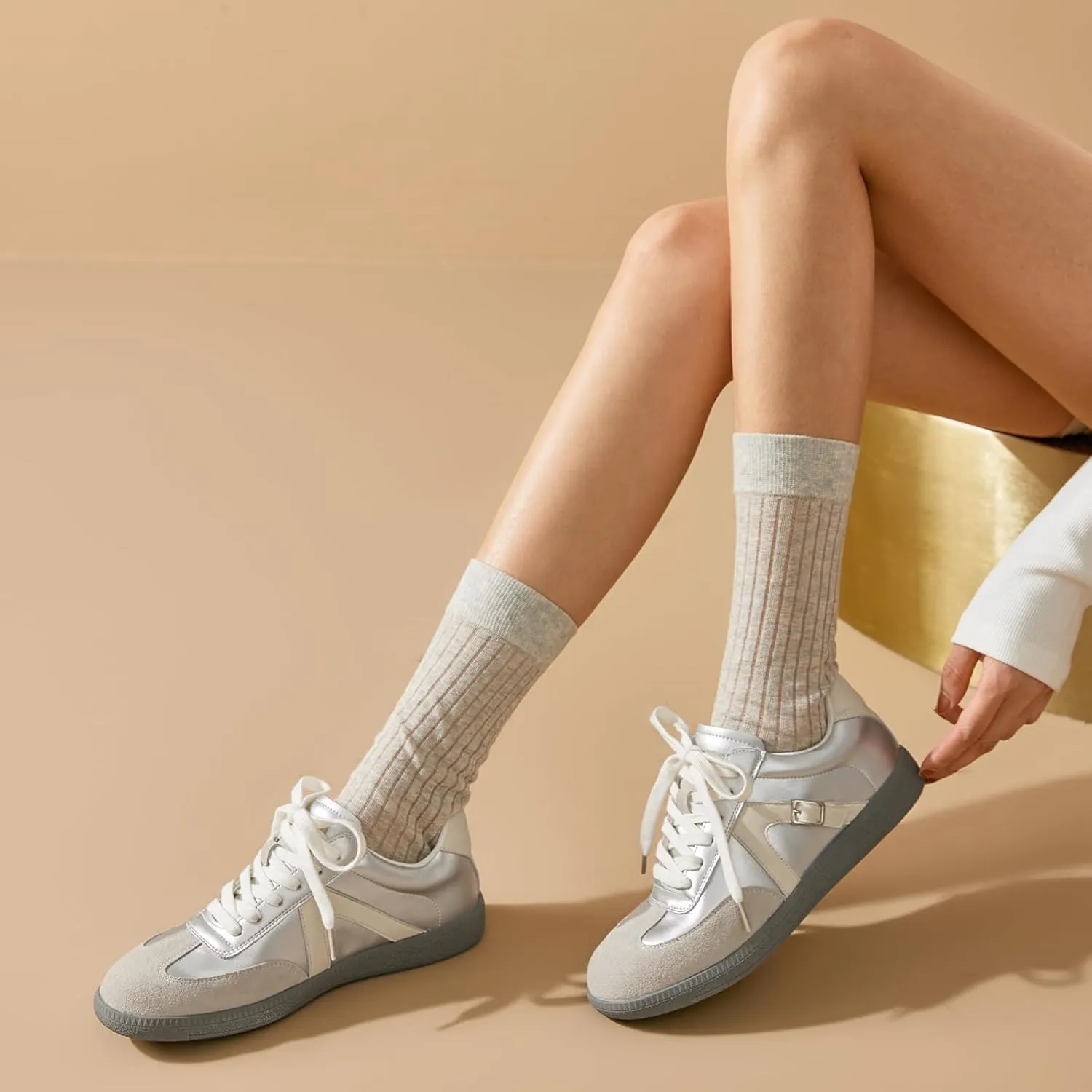 BEAU TODAY Womens Flat Sneakers, Retro Comfortable Lace-up Fashion Sneakers for Women, Buckle Decoration Casual Leather Walking Shoes