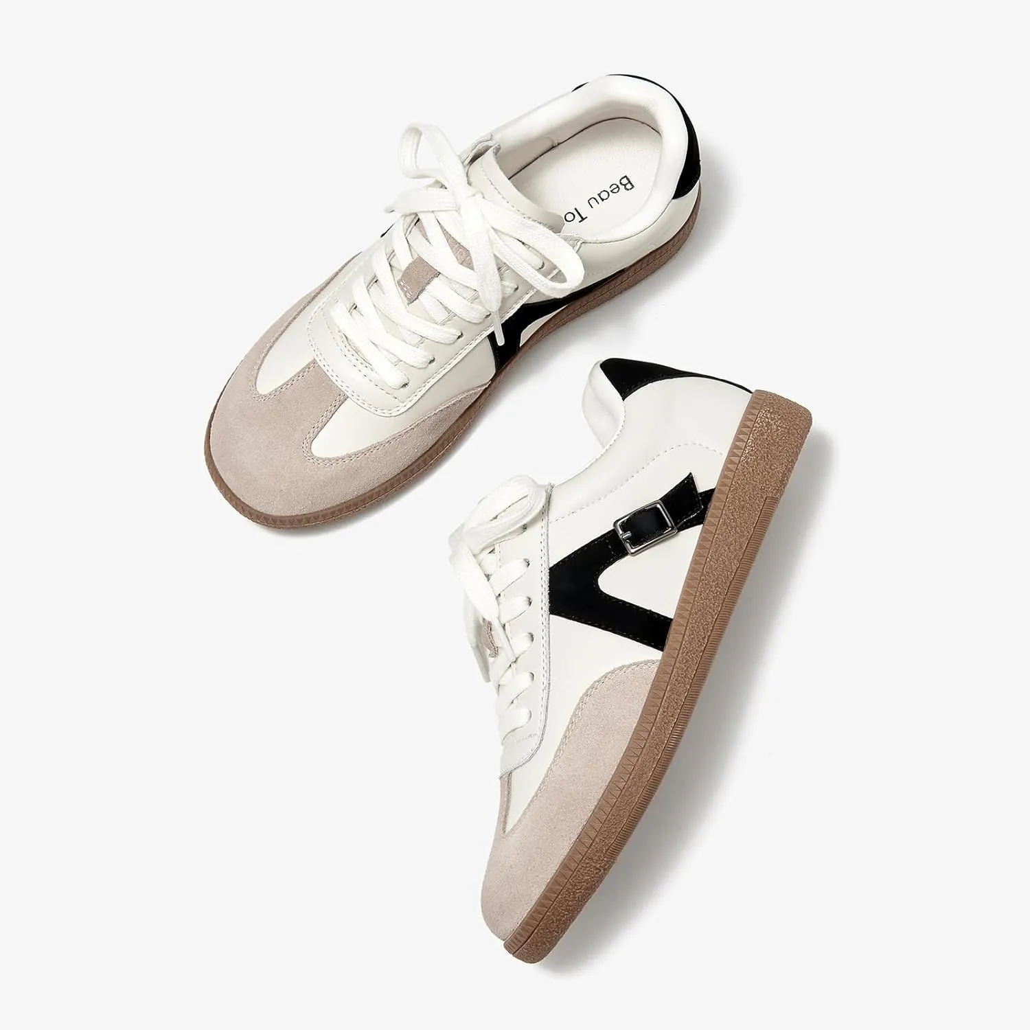 BEAU TODAY Womens Flat Sneakers, Retro Comfortable Lace-up Fashion Sneakers for Women, Buckle Decoration Casual Leather Walking Shoes