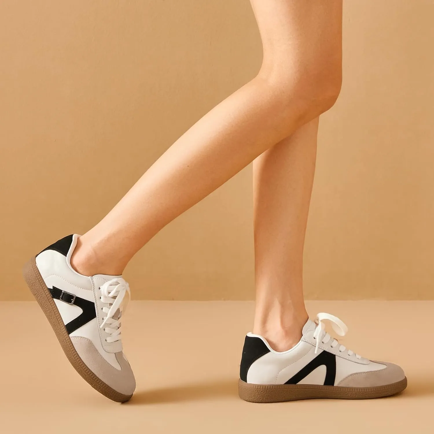 BEAU TODAY Womens Flat Sneakers, Retro Comfortable Lace-up Fashion Sneakers for Women, Buckle Decoration Casual Leather Walking Shoes