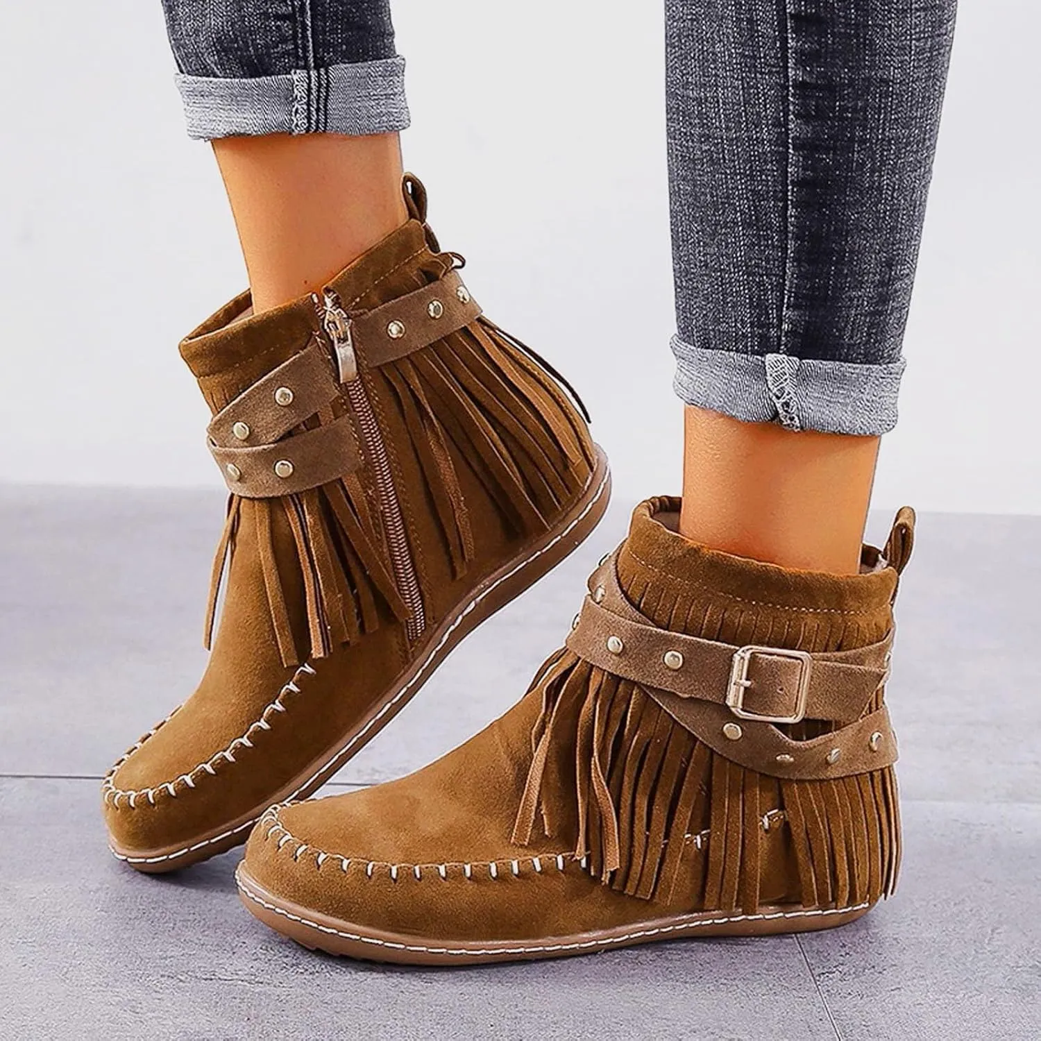 Cathalem Women's Ankle Boots No Heel Fall Cutout Booties Ankle Heels Low Stacked Ruffle Slip On Dress Short Boots Shoes
