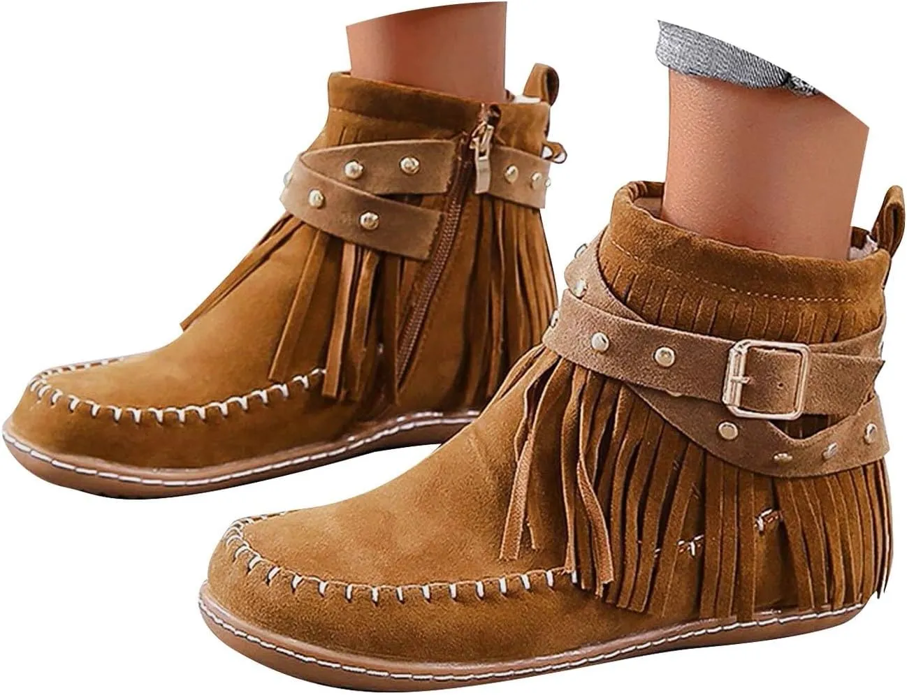 Cathalem Women's Ankle Boots No Heel Fall Cutout Booties Ankle Heels Low Stacked Ruffle Slip On Dress Short Boots Shoes