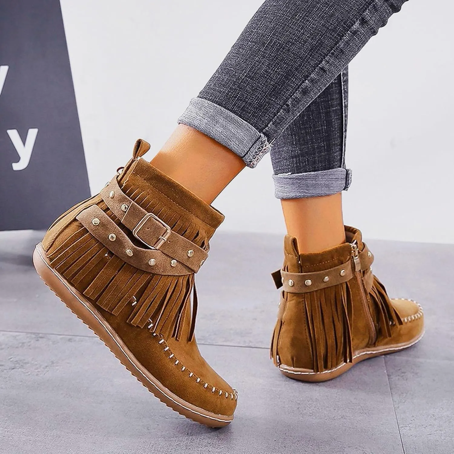 Cathalem Women's Ankle Boots No Heel Fall Cutout Booties Ankle Heels Low Stacked Ruffle Slip On Dress Short Boots Shoes