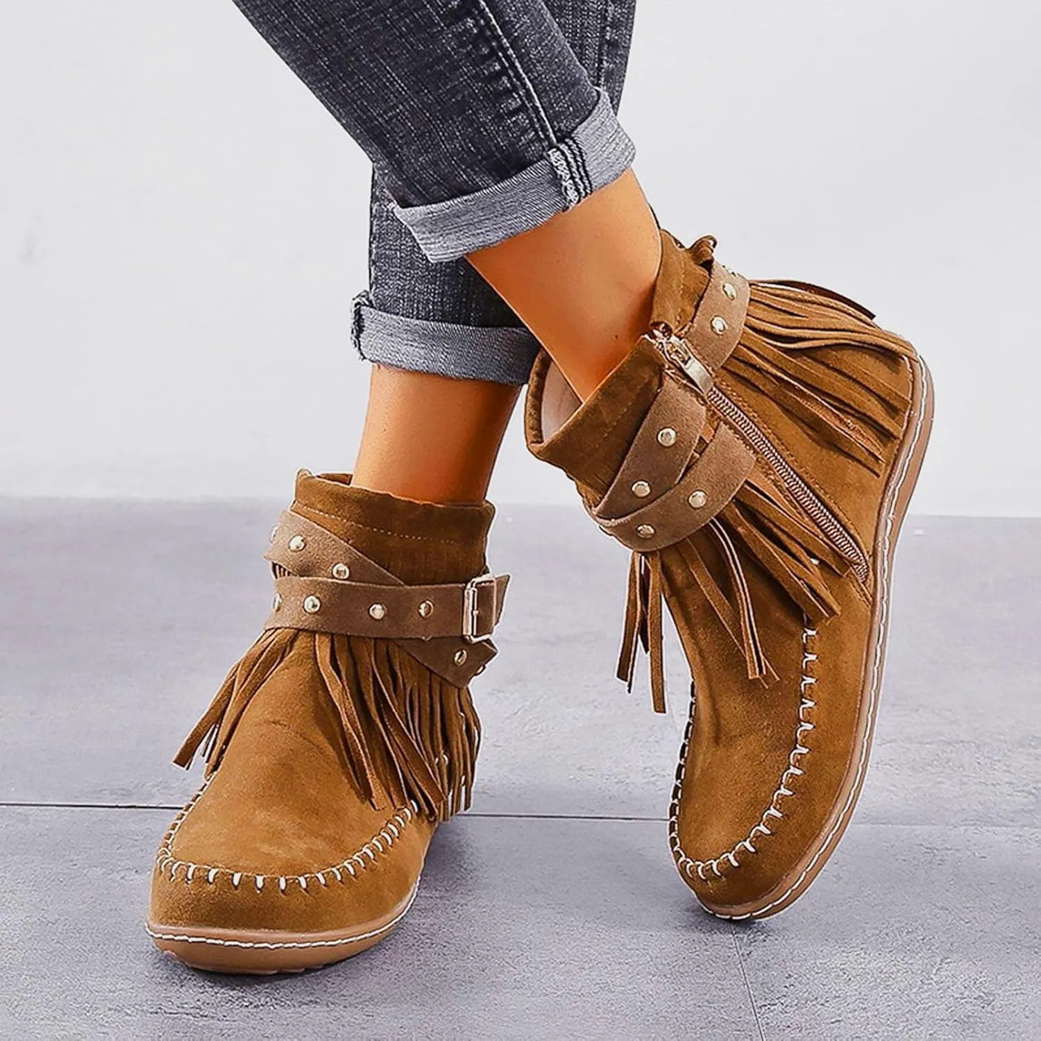 Cathalem Women's Ankle Boots No Heel Fall Cutout Booties Ankle Heels Low Stacked Ruffle Slip On Dress Short Boots Shoes