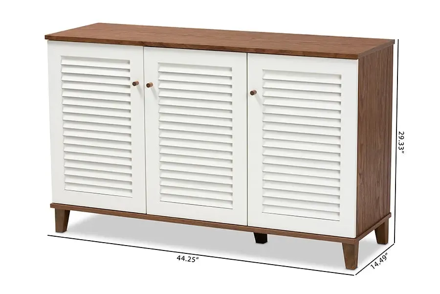 Clevedon Walnut Finished, White Door, 8-Shelf Wood Shoe Storage Cabinet