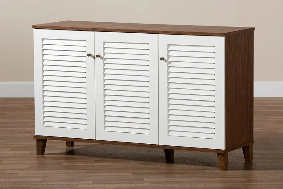 Clevedon Walnut Finished, White Door, 8-Shelf Wood Shoe Storage Cabinet