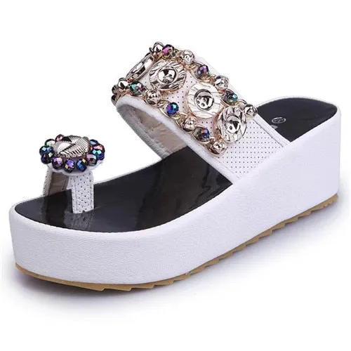 Crystal Button Wedges Platform Sandal