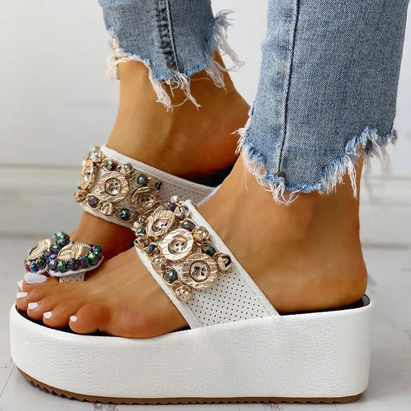 Crystal Button Wedges Platform Sandal