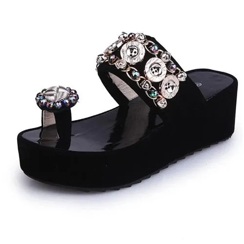Crystal Button Wedges Platform Sandal