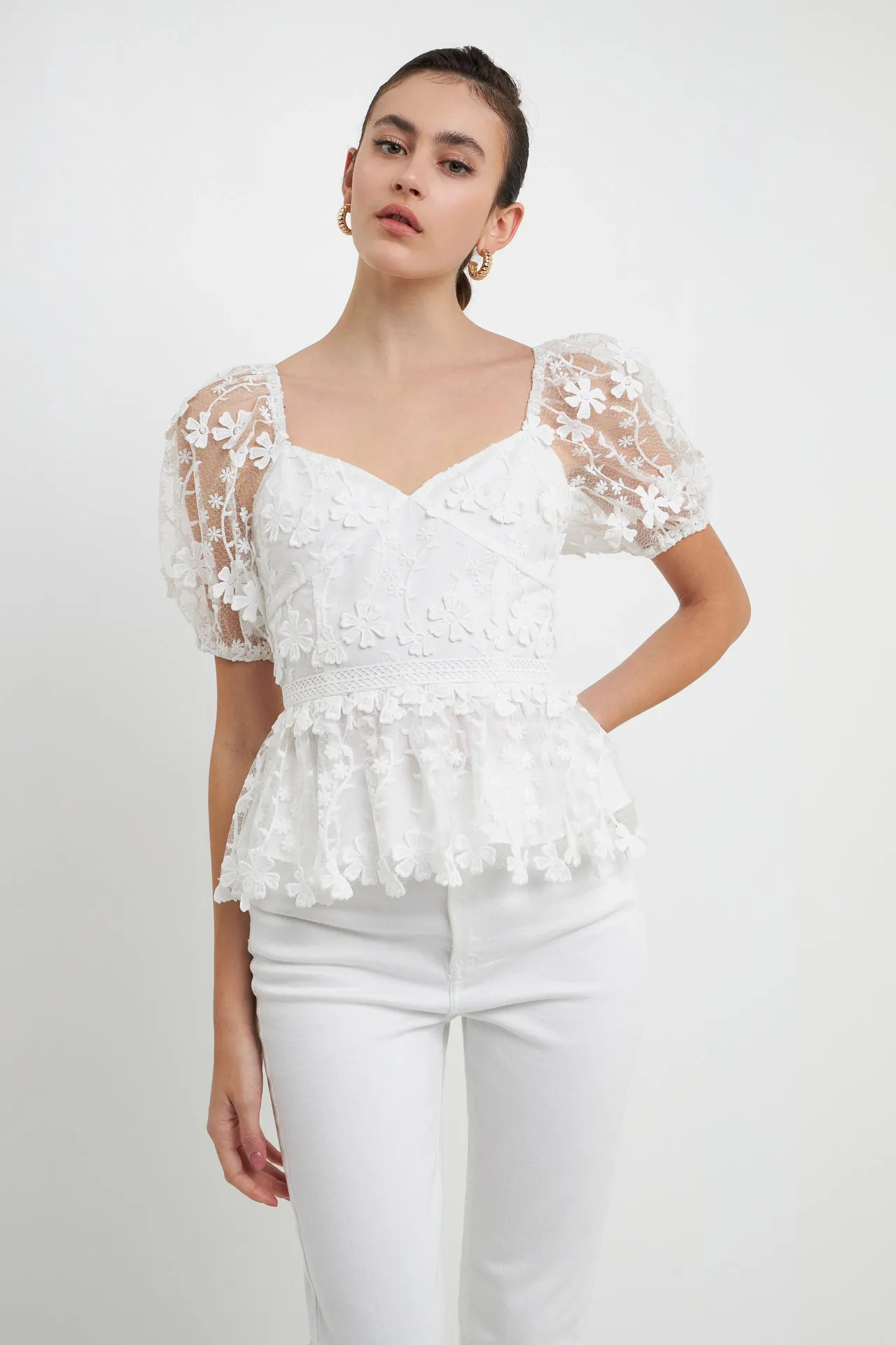 Endless Rose - Floral Embroidered Lace Peplum Top