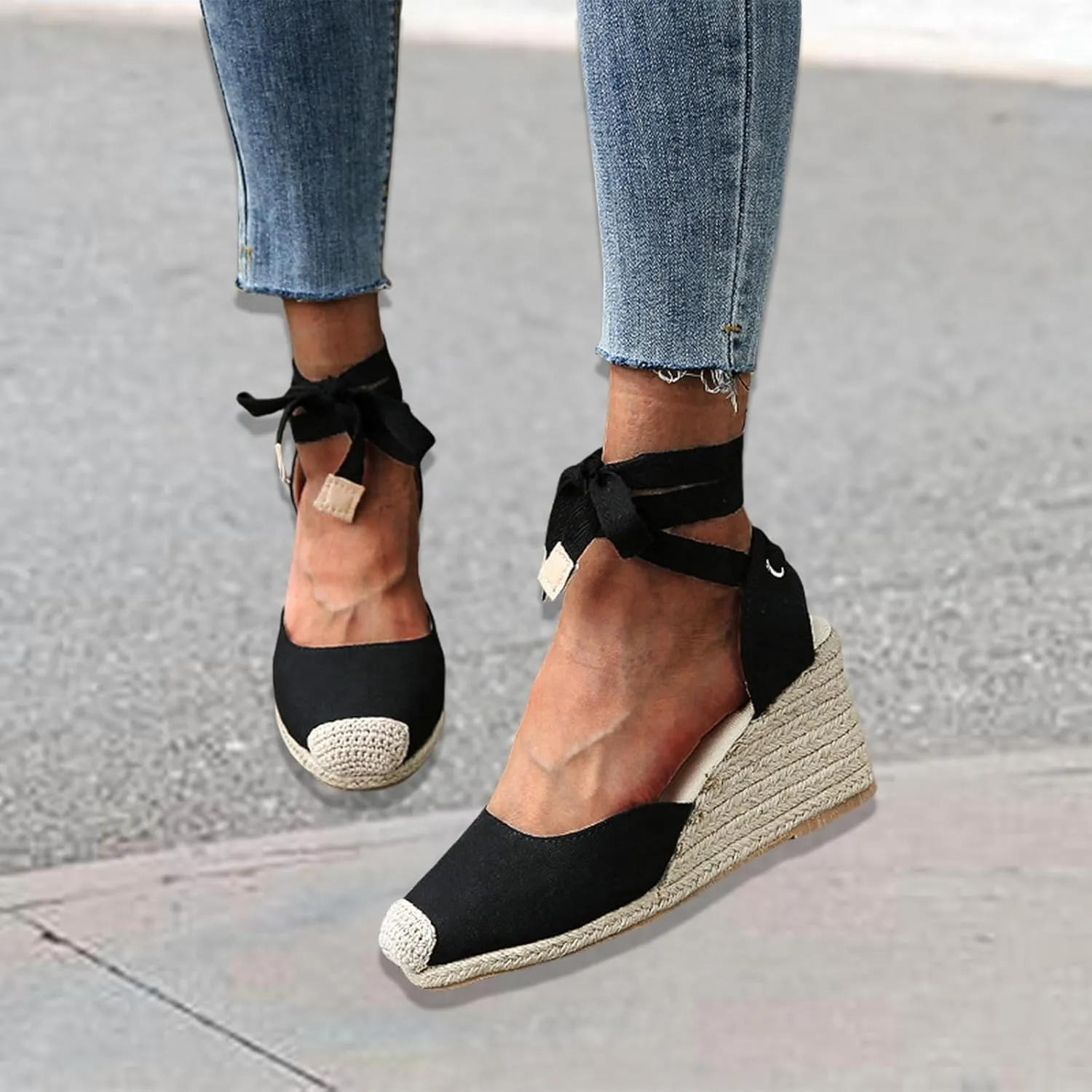 Espadrilles Wedges for Women Closed Toe Lace Up Platform Sandals Ankle Strap Summer Dress Shoes, Casual Beach Platform Espadrille Sandals Slip on Comfortable Slingback