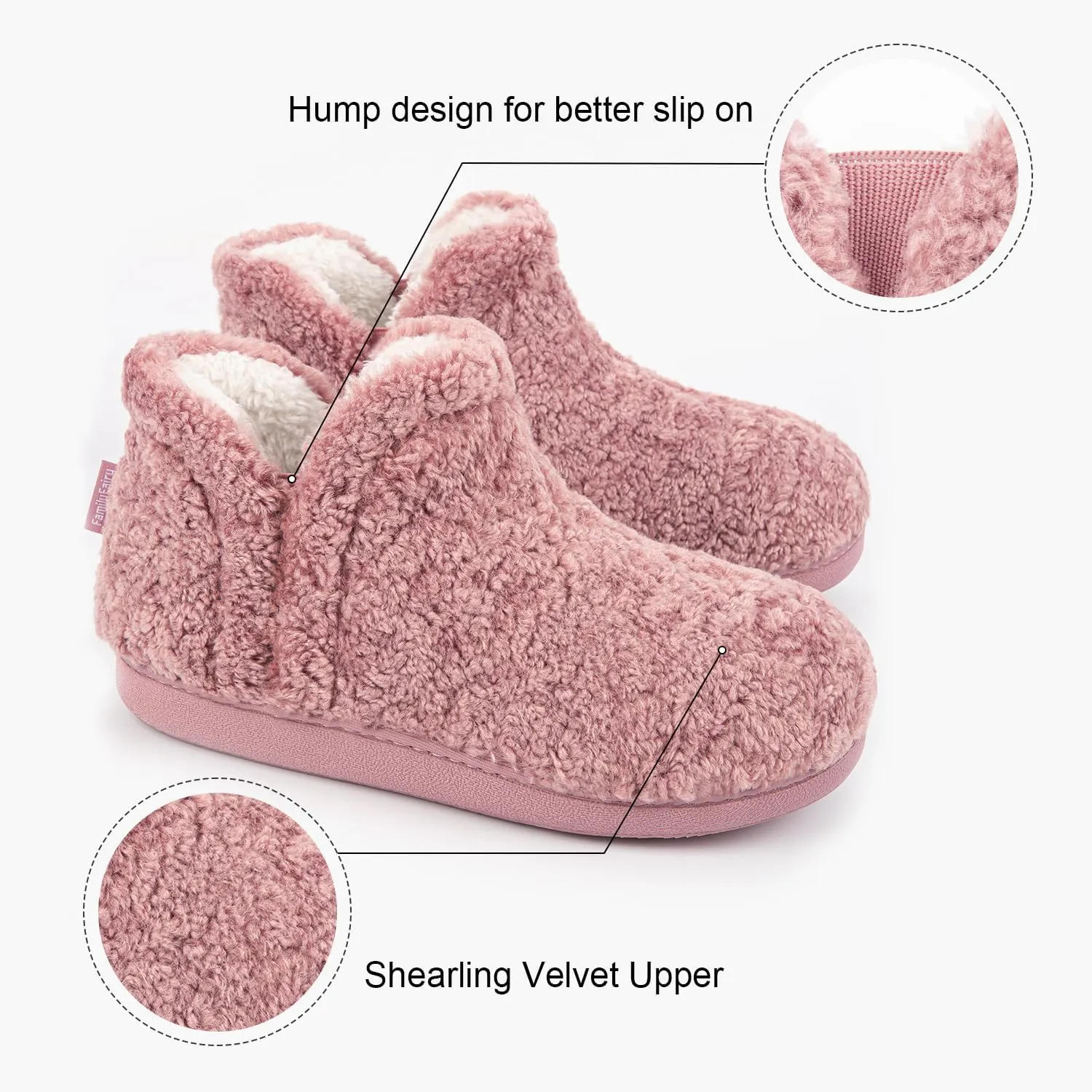 FamilyFairy Bootie Slippers for Women Warm House Shoes Memory Foam Indoor Outdoor Fuzzy Boots with Rubber Sole