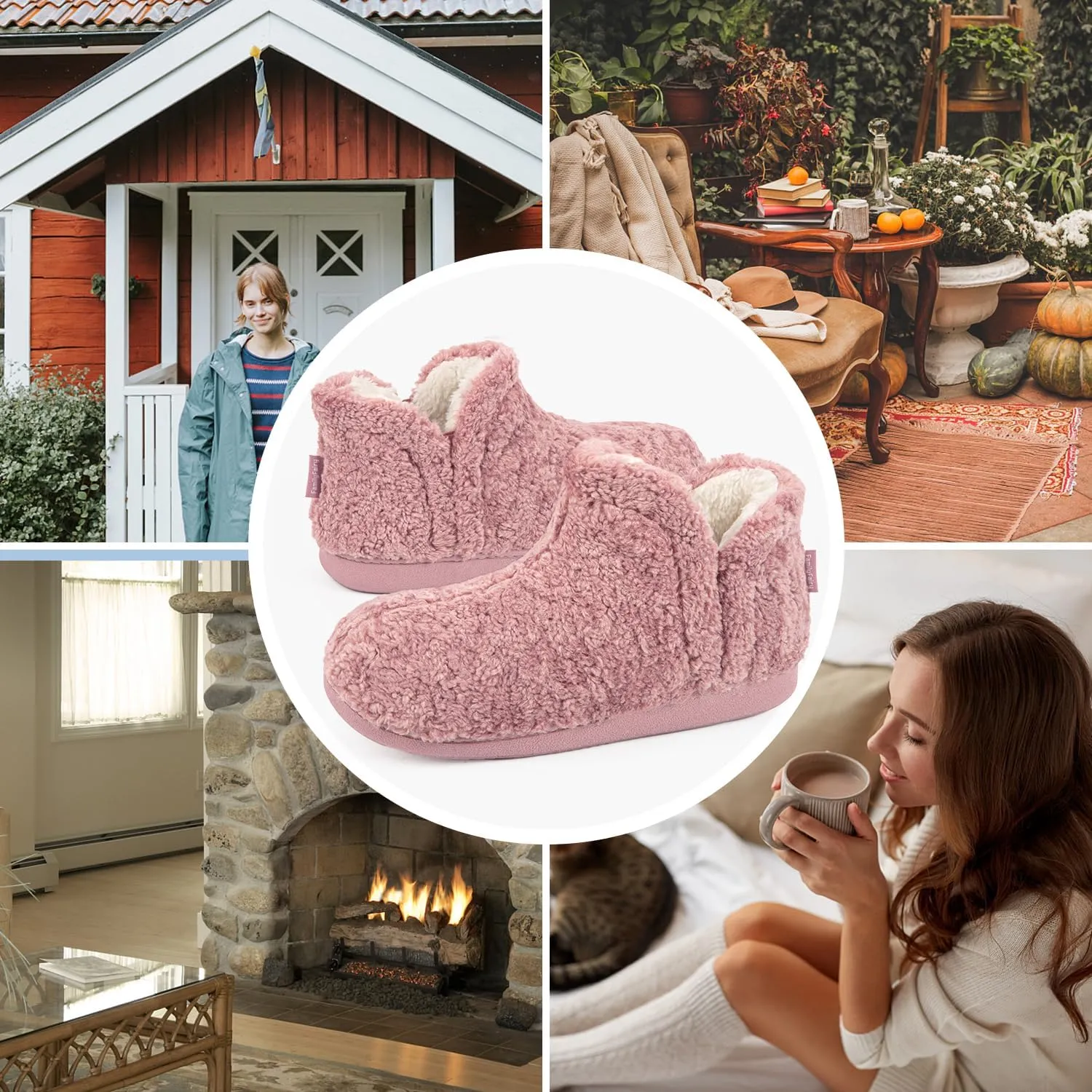 FamilyFairy Bootie Slippers for Women Warm House Shoes Memory Foam Indoor Outdoor Fuzzy Boots with Rubber Sole