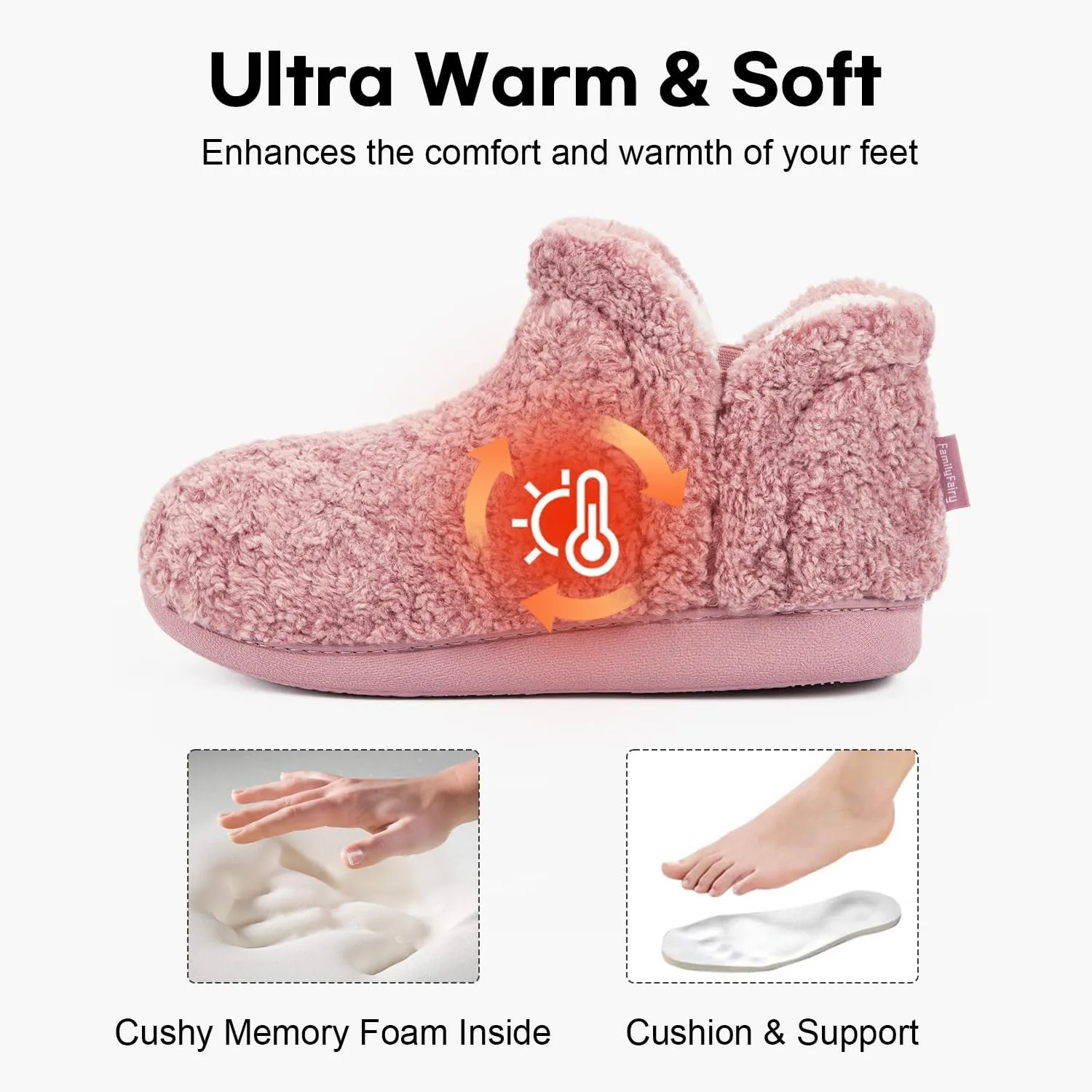 FamilyFairy Bootie Slippers for Women Warm House Shoes Memory Foam Indoor Outdoor Fuzzy Boots with Rubber Sole