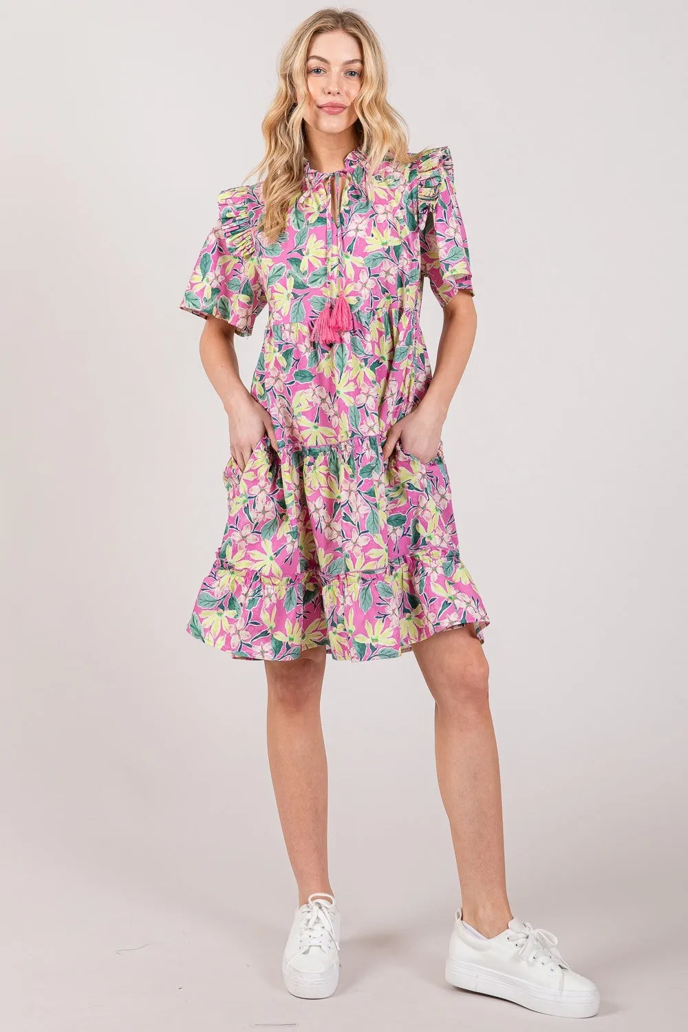 Floral Ruffle Sleeve Tassel Tie Neck Tiered Dress