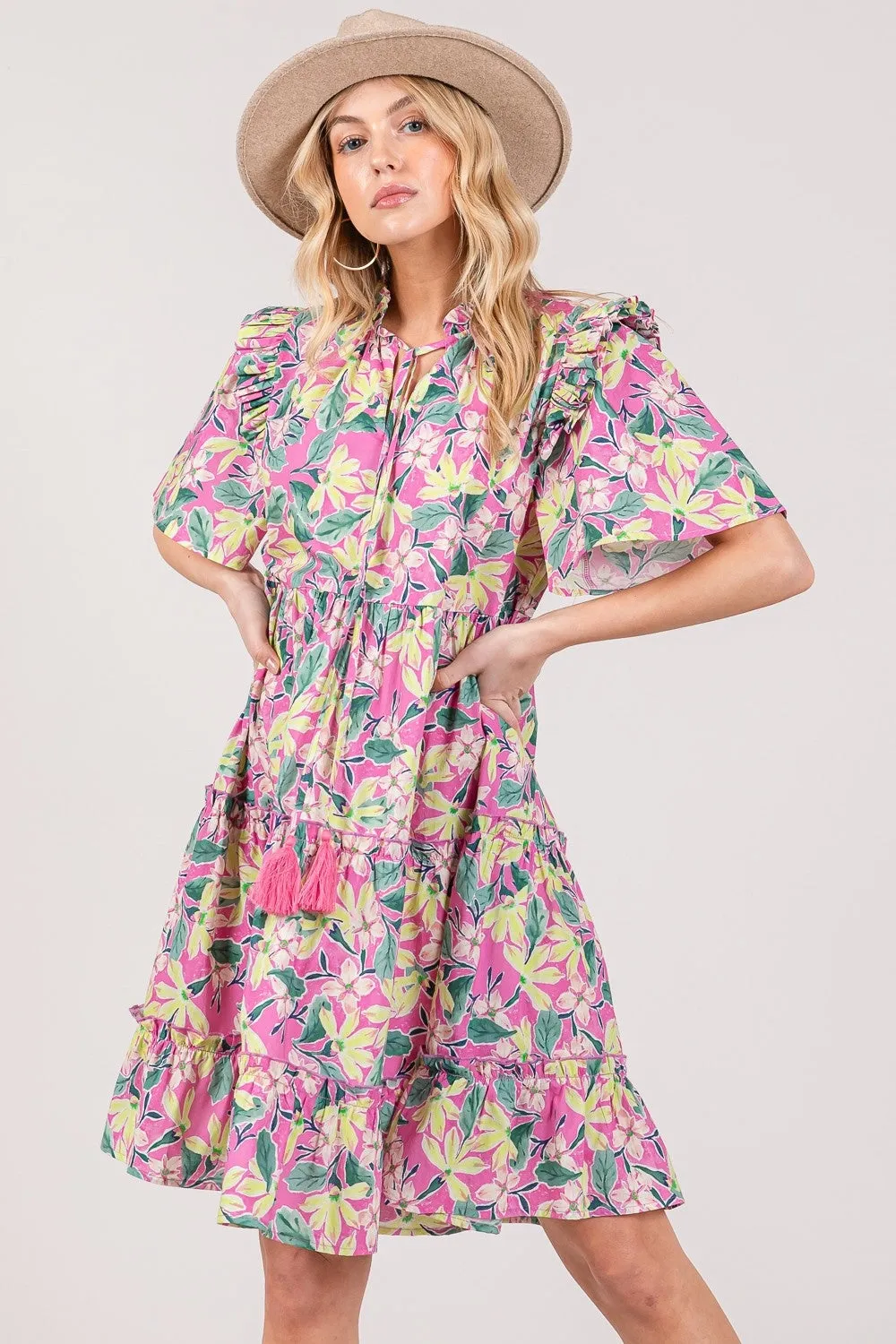 Floral Ruffle Sleeve Tassel Tie Neck Tiered Dress