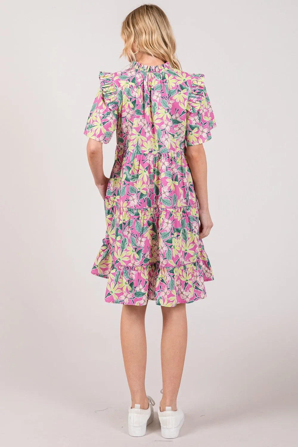 Floral Ruffle Sleeve Tassel Tie Neck Tiered Dress