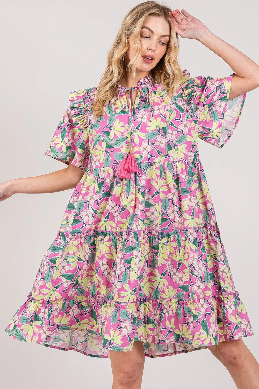 Floral Ruffle Sleeve Tassel Tie Neck Tiered Dress