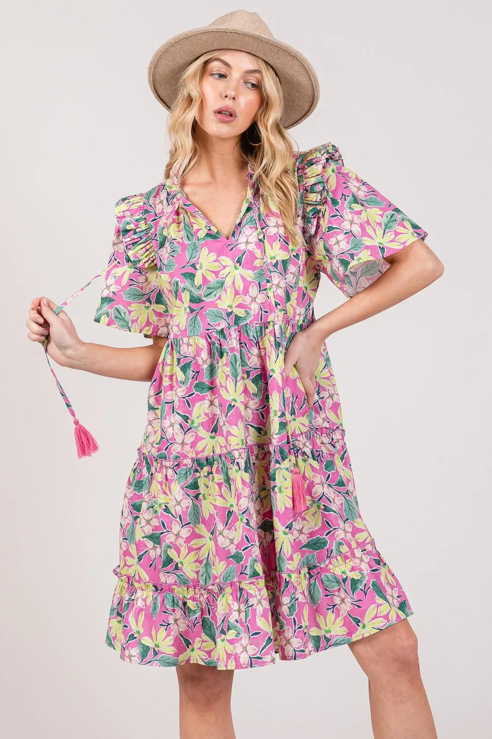 Floral Ruffle Sleeve Tassel Tie Neck Tiered Dress