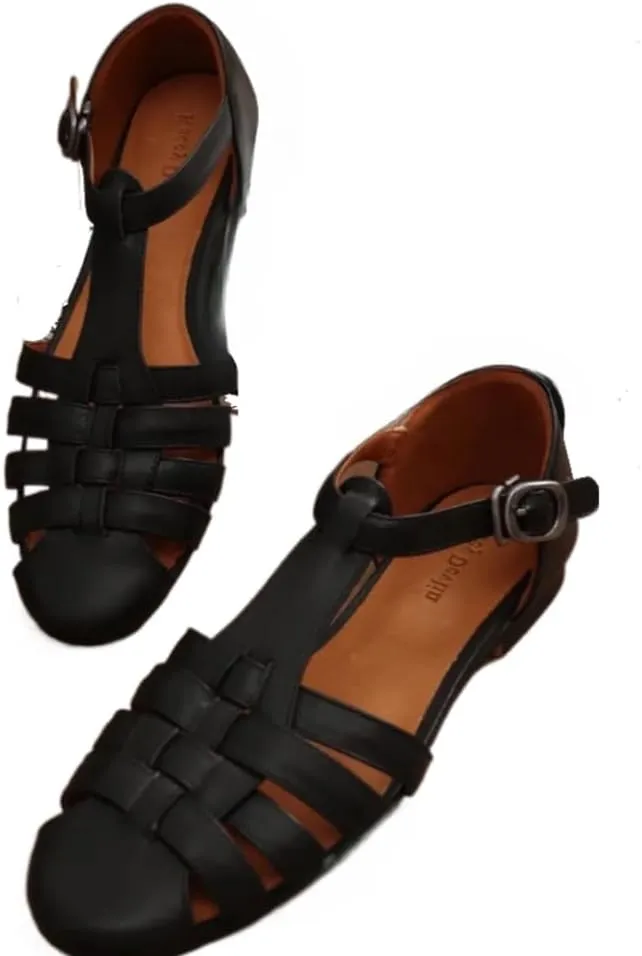 Geerta Huarache Heel Sandals Women Girls Cute Retro Leather Closed Toes Breathable Non Slip Platform Sandals Slip on Waterproof Comfort Summer Dress Shoes T-strap Casual Walking Party Cruise Vacation