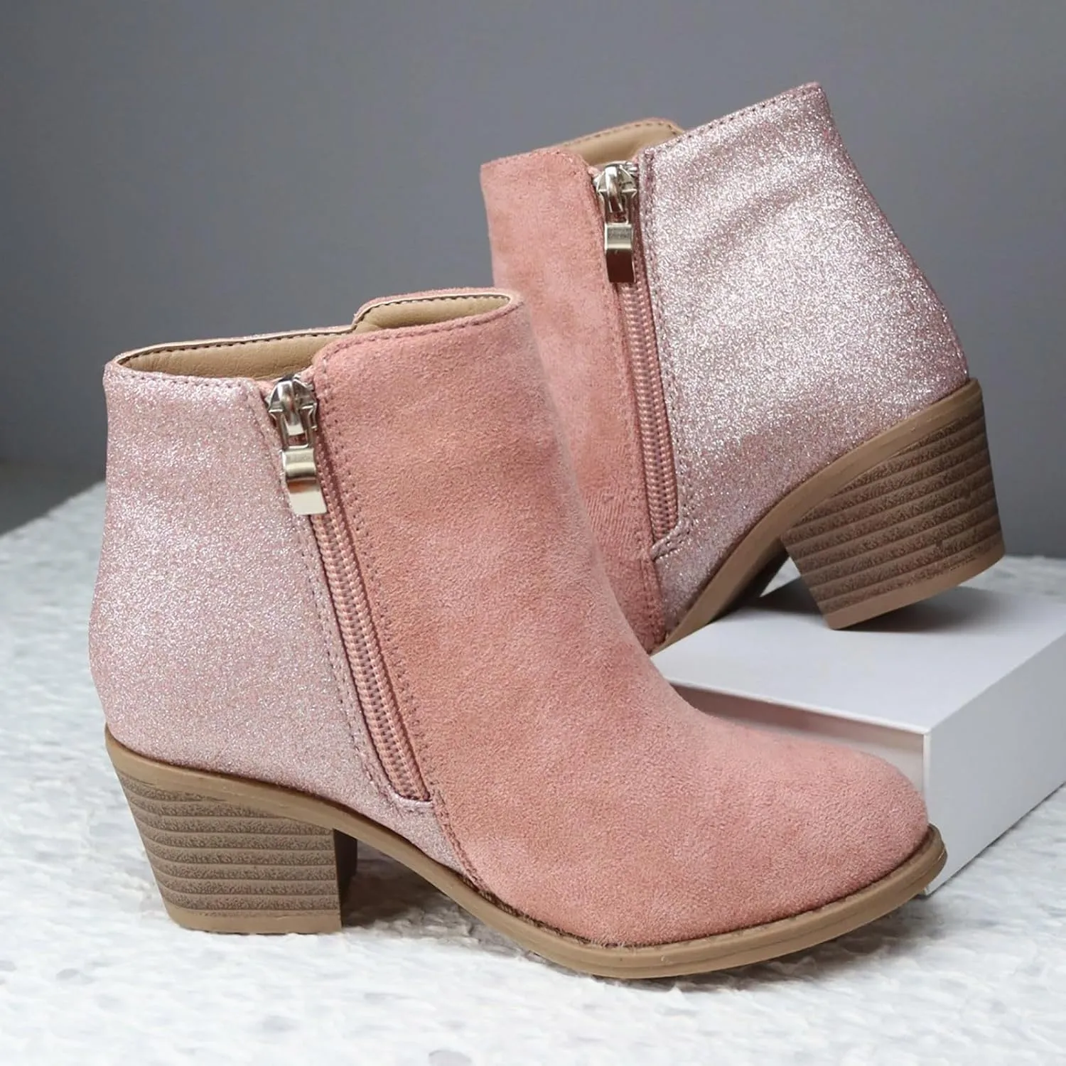 Girls Ankle Boots Glitter Side Zipper Short Booties Chunky Low Block Heel Short Girl's Boots for Little Kids/Big Kid