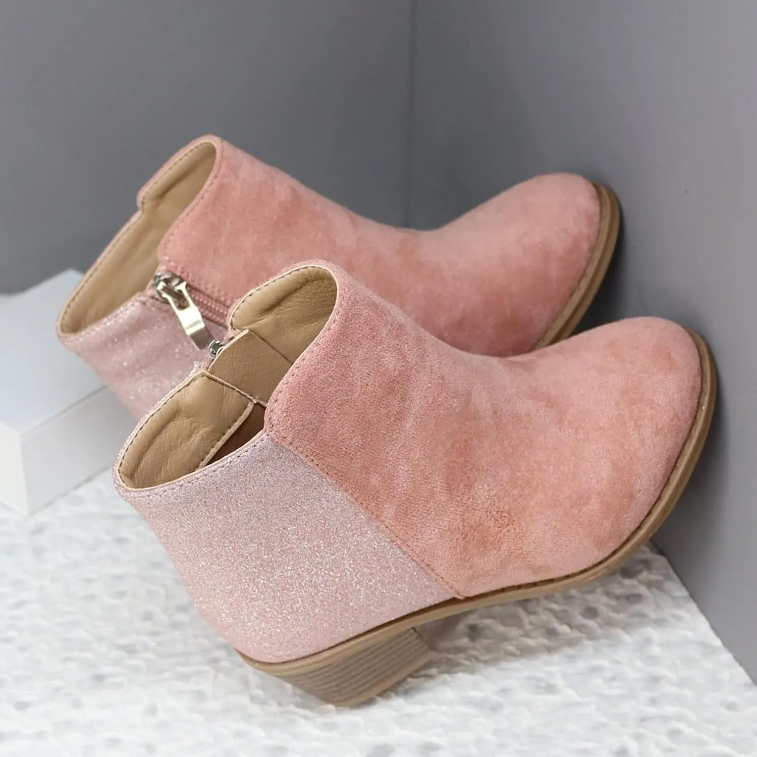 Girls Ankle Boots Glitter Side Zipper Short Booties Chunky Low Block Heel Short Girl's Boots for Little Kids/Big Kid
