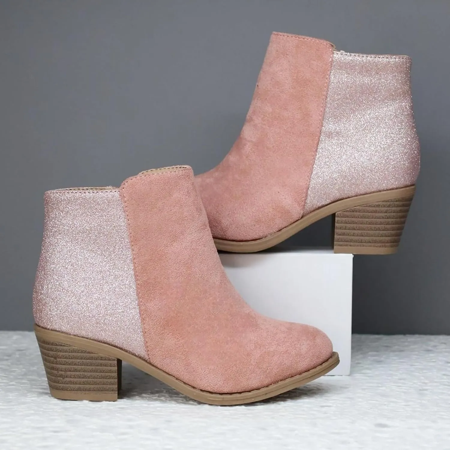 Girls Ankle Boots Glitter Side Zipper Short Booties Chunky Low Block Heel Short Girl's Boots for Little Kids/Big Kid