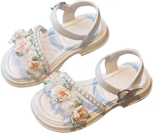 Girls Dress Sandals Summer New Soft and Lightweight Rubber Bottom Beaded Flower Fashion Personality Girl Sandals (Beige, 3 Big Kids)
