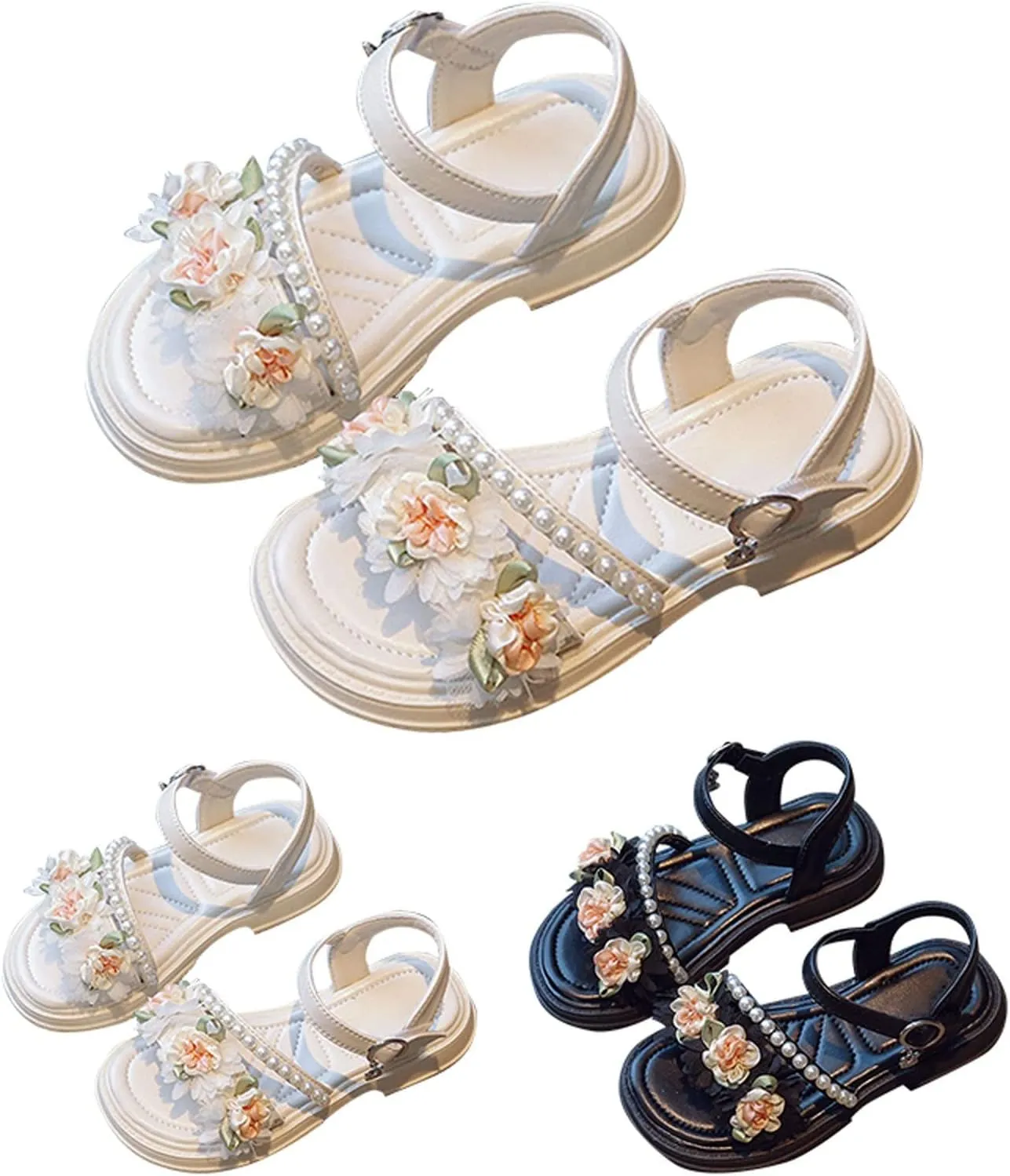 Girls Dress Sandals Summer New Soft and Lightweight Rubber Bottom Beaded Flower Fashion Personality Girl Sandals (Beige, 3 Big Kids)