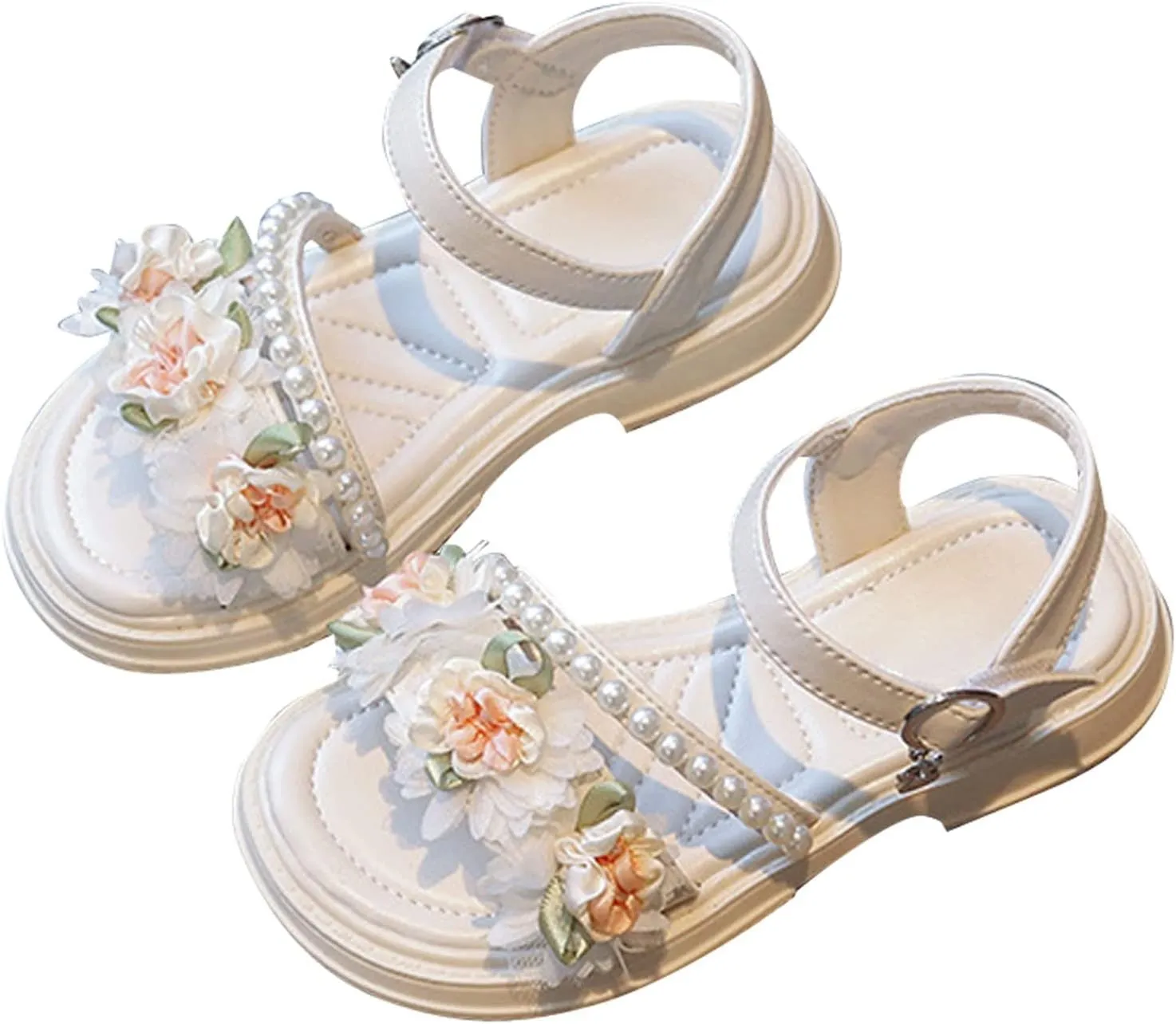 Girls Dress Sandals Summer New Soft and Lightweight Rubber Bottom Beaded Flower Fashion Personality Girl Sandals (Beige, 3 Big Kids)