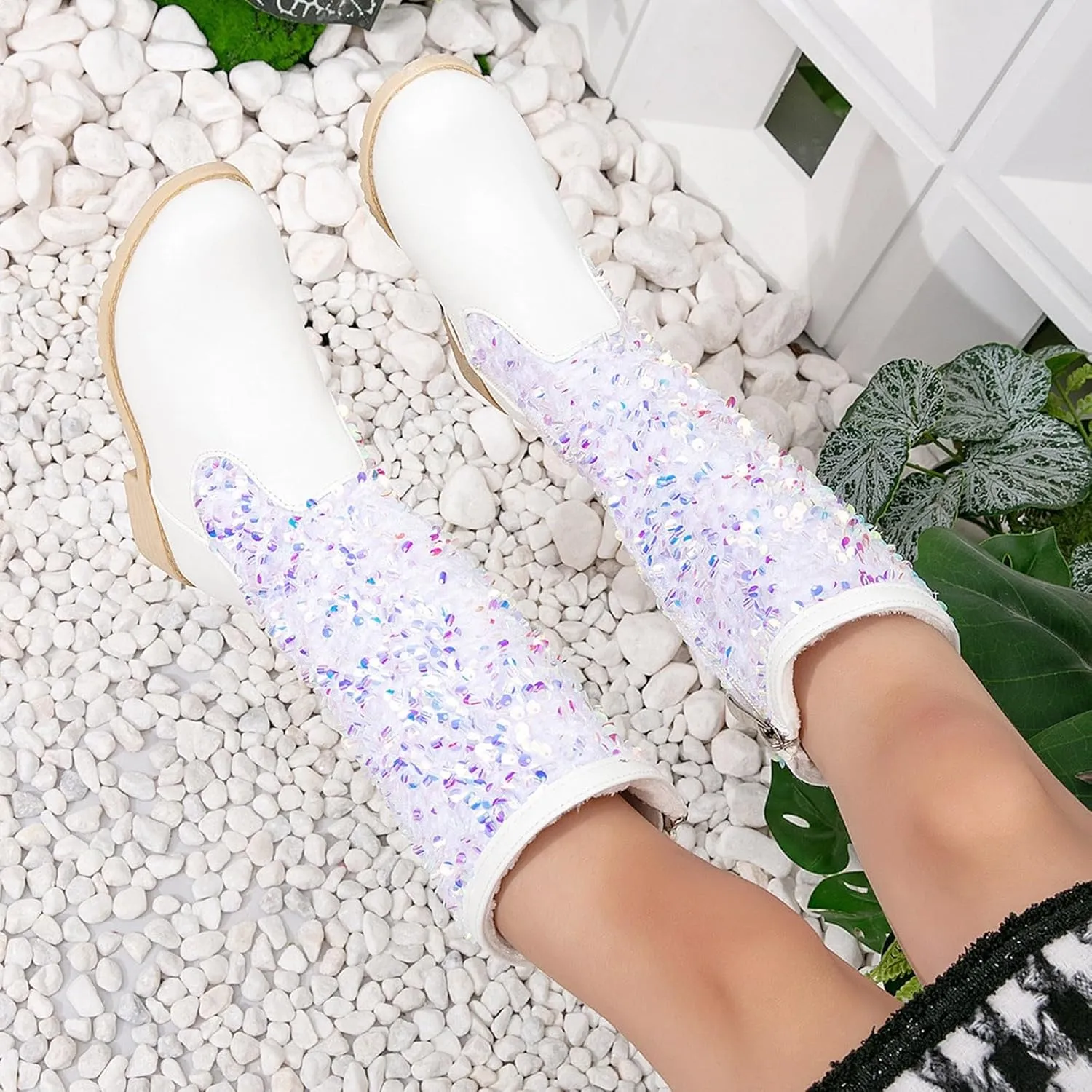 Girls Kids hinestone Mid Calf Riding Boots Sequin Fleece Plush Chunky Comfort Warm Lined Outdoor Casual Shoes
