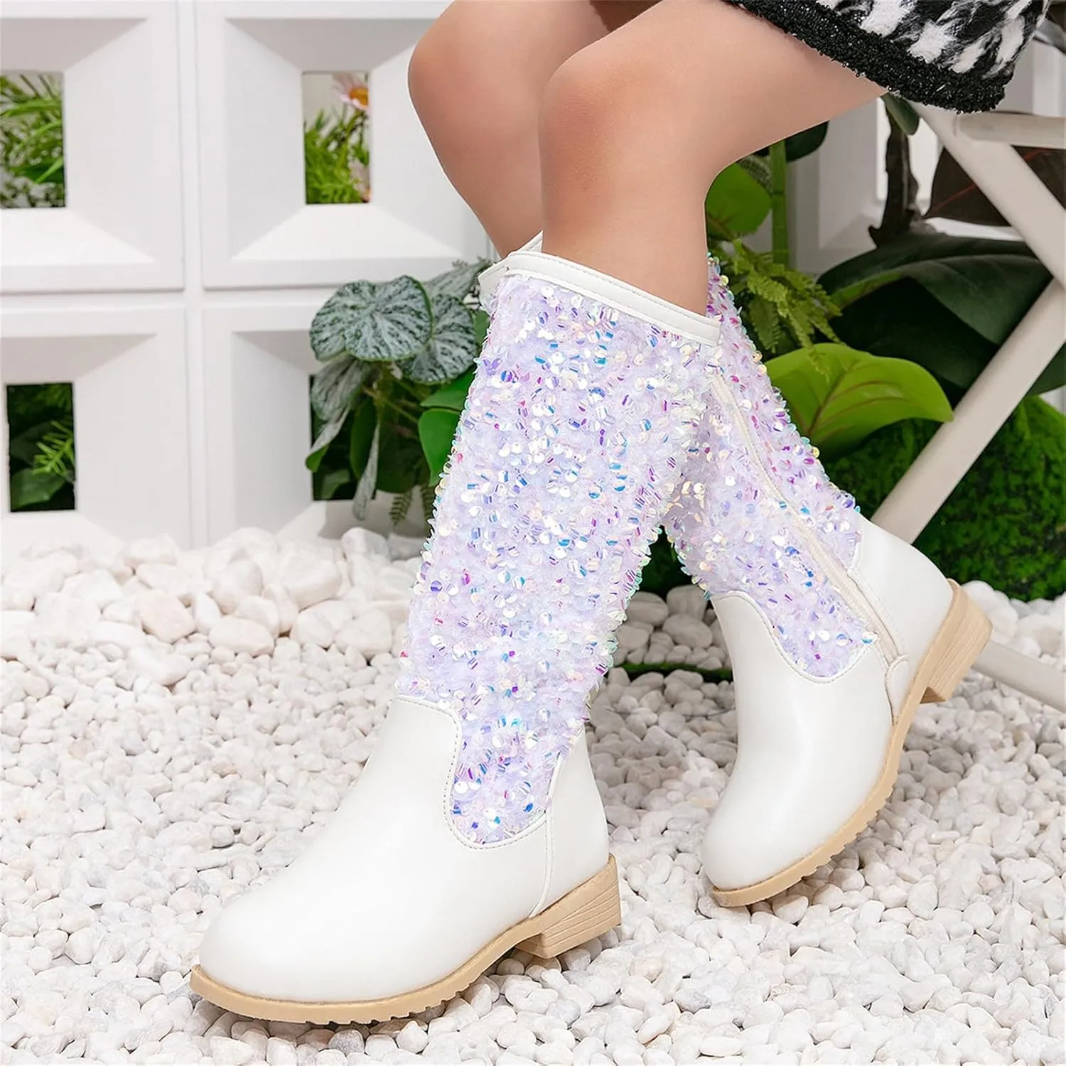 Girls Kids hinestone Mid Calf Riding Boots Sequin Fleece Plush Chunky Comfort Warm Lined Outdoor Casual Shoes