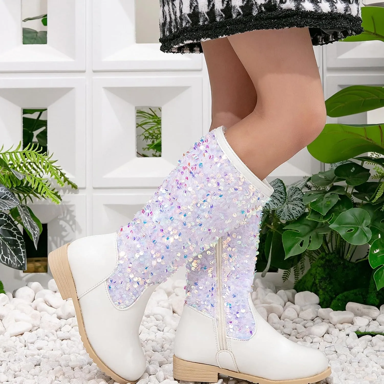 Girls Kids hinestone Mid Calf Riding Boots Sequin Fleece Plush Chunky Comfort Warm Lined Outdoor Casual Shoes
