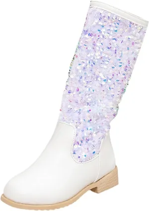 Girls Kids hinestone Mid Calf Riding Boots Sequin Fleece Plush Chunky Comfort Warm Lined Outdoor Casual Shoes
