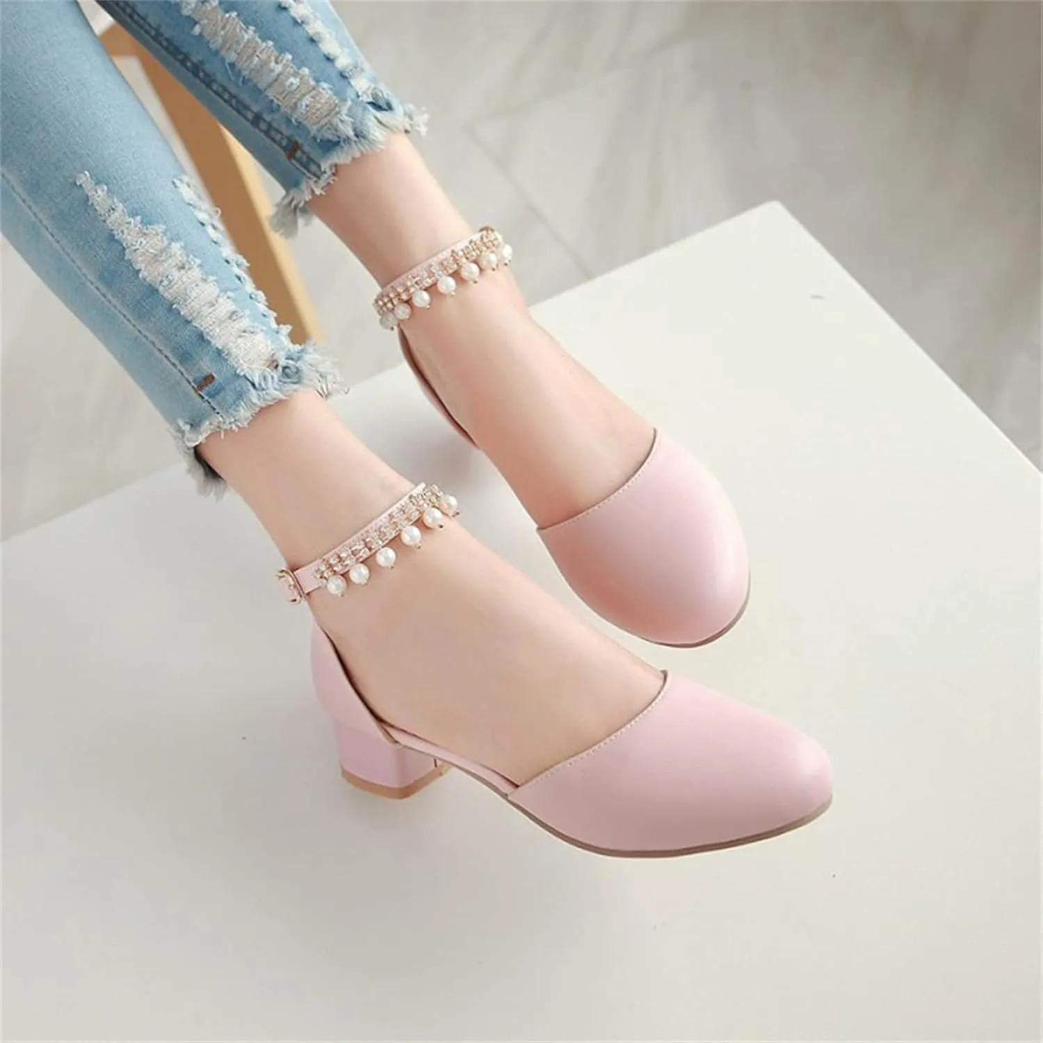 Girls Mary Jane Dress Shoes Pumps Low Heels Flower Party High School Prom Sandals Grils Closed Toe Sandals for Girls