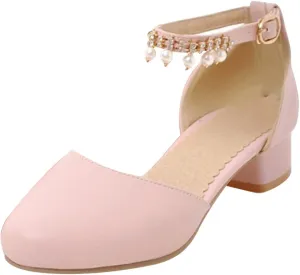 Girls Mary Jane Dress Shoes Pumps Low Heels Flower Party High School Prom Sandals Grils Closed Toe Sandals for Girls