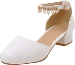 Girls Mary Jane Dress Shoes Pumps Low Heels Flower Party High School Prom Sandals Party Wedding Shoes
